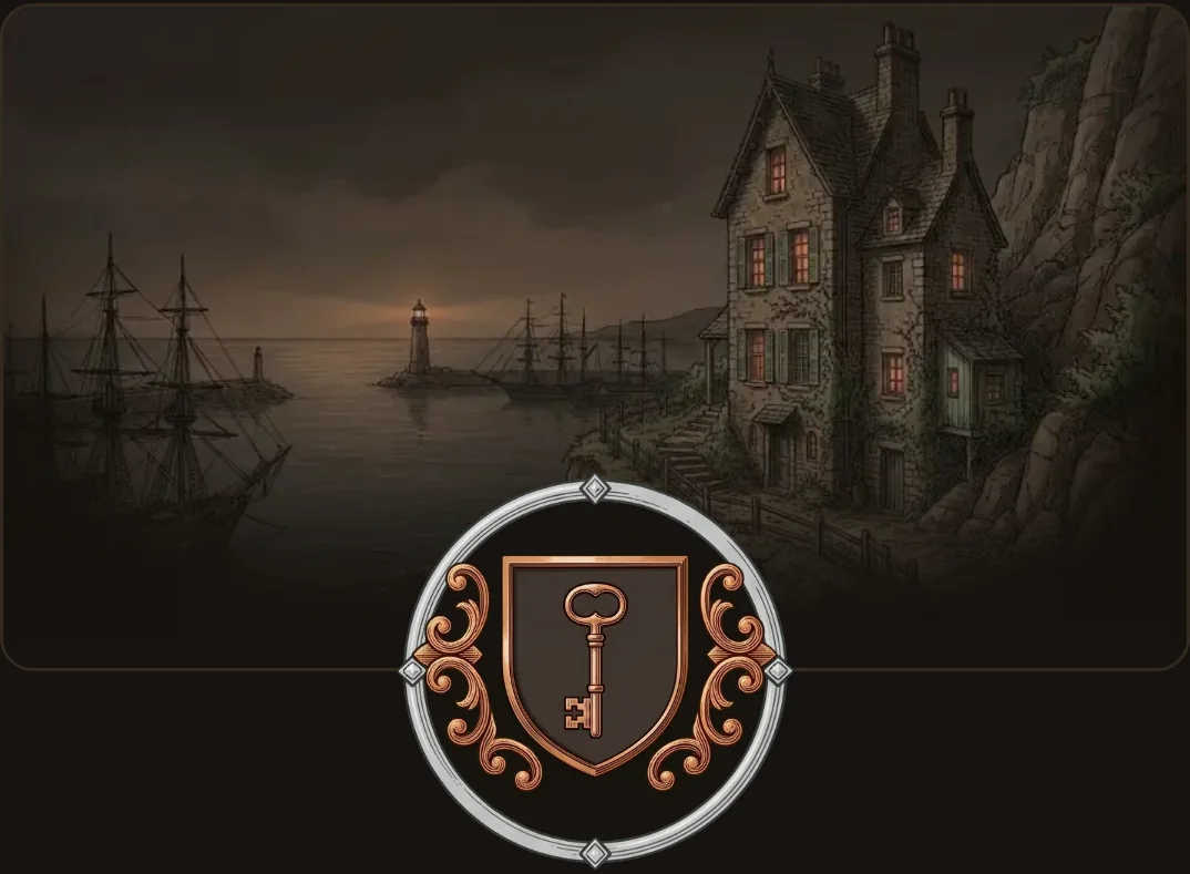 The family residence above the harbour and a crest with a key